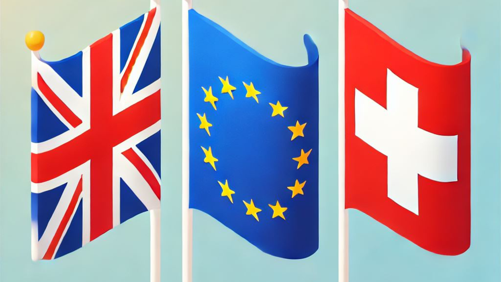 The flags of the UK, the EU and Switzerland. Image generated using Microsoft Copilot.